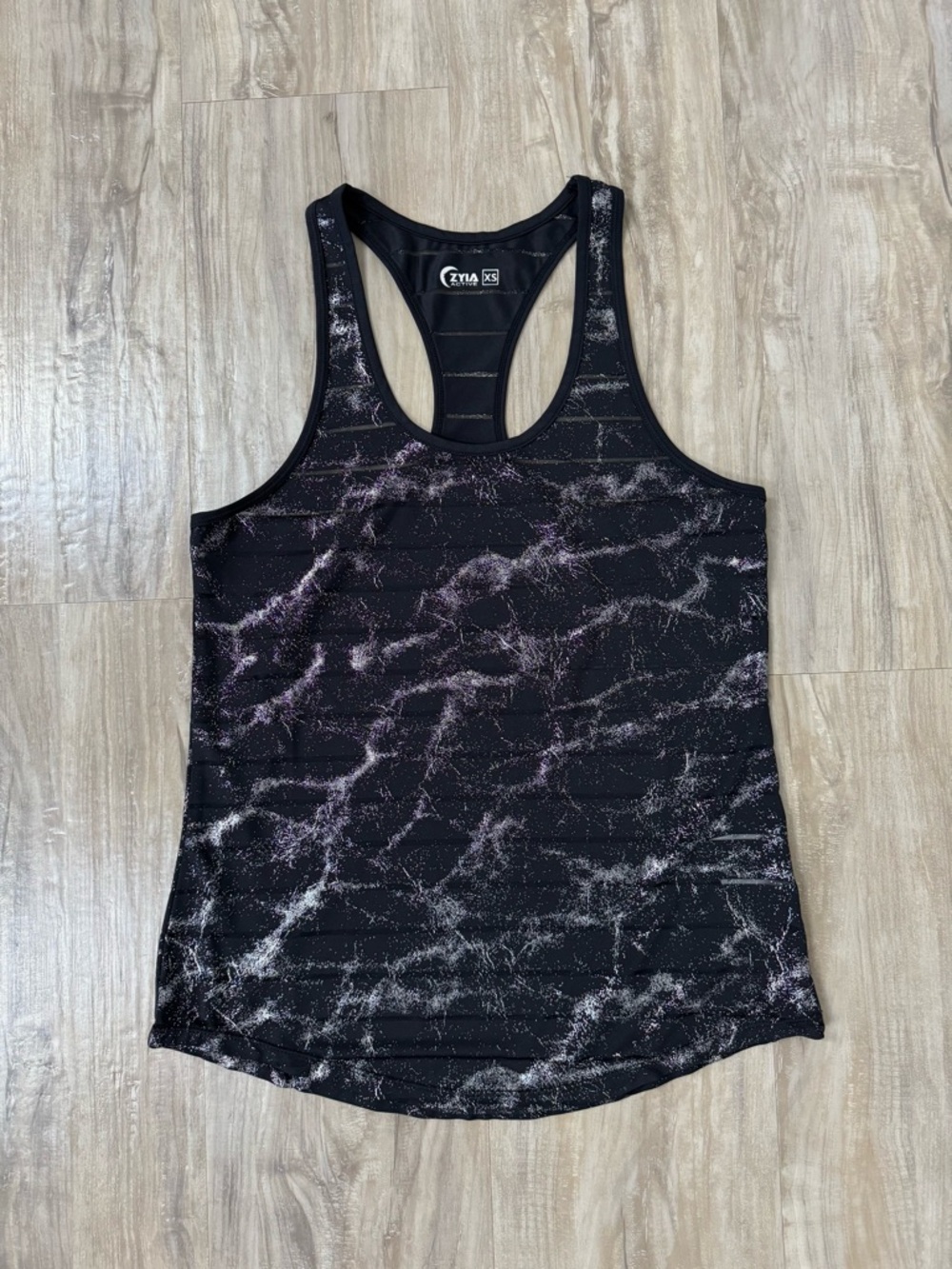 ZYIA Black with Silver Marble-Print Racerback Tank